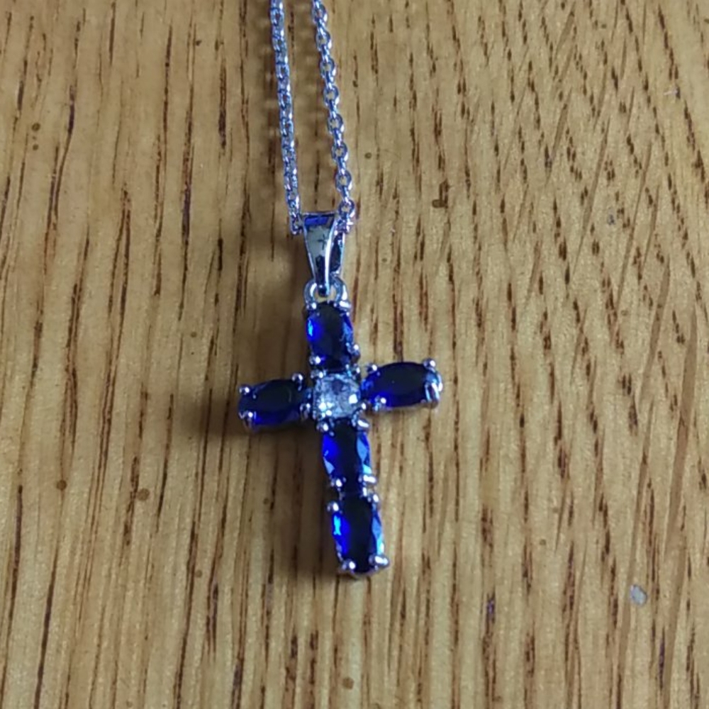 Cross Necklace with CZ Deep Blue Center Stone NEW W/O Tags